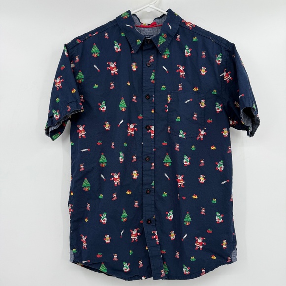 Eighth Avenue Shirt Men Medium Blue Button Up Christmas Santa Short Sleeve - Picture 1 of 9